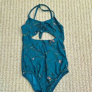 Cutest Teal Mini Floral One-Piece with Cutout and Criss Cross Straps